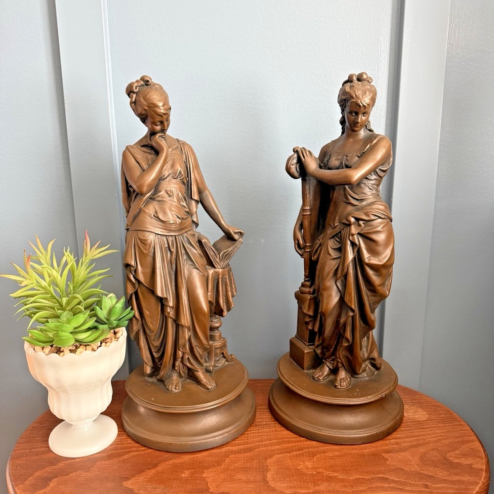 ESCO Classical Figurines Chalkware Goddess Pair Poet Musician Bronze Finish 17"